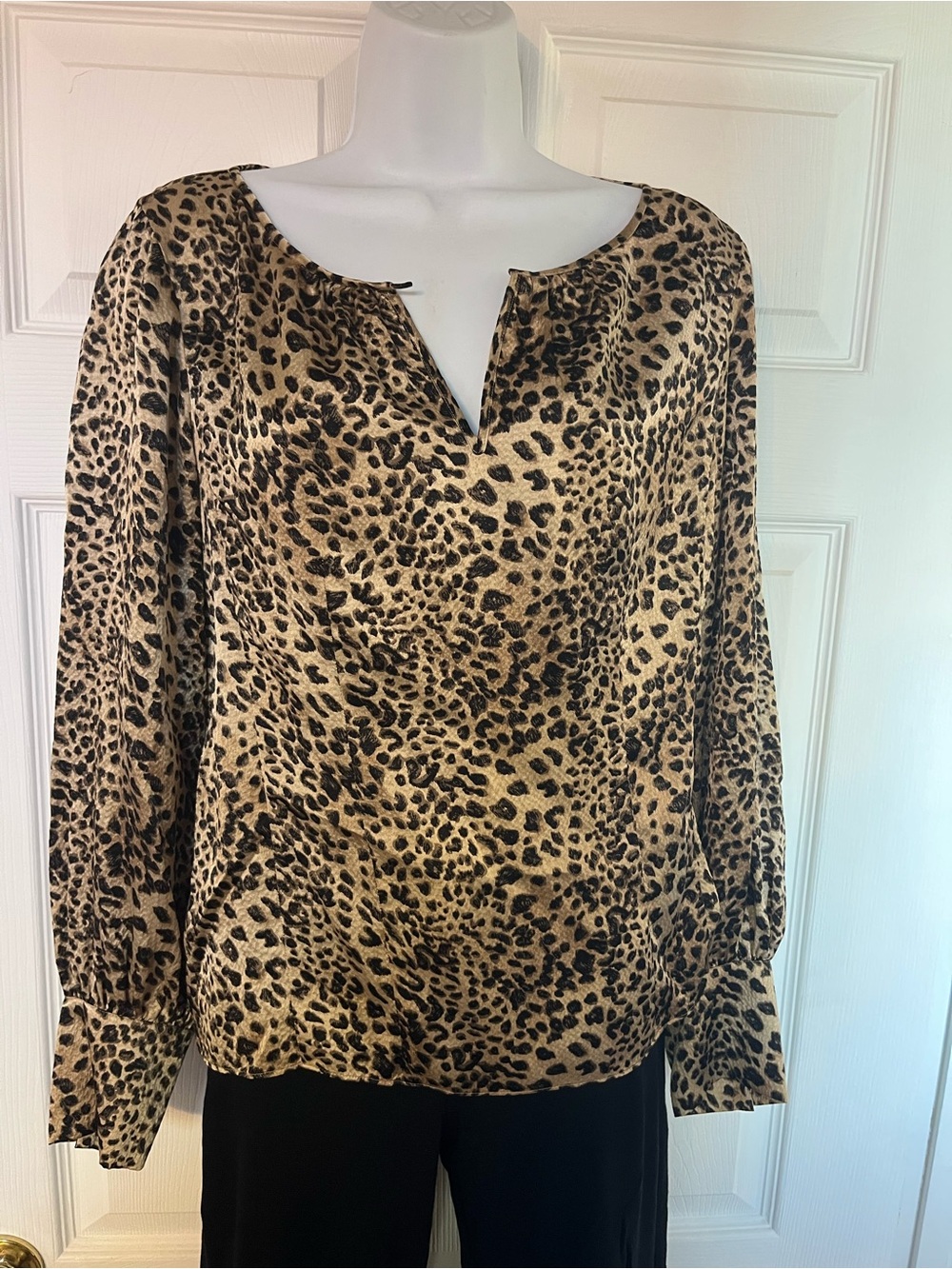 Rebecca Taylor Leopard Print Split-Neck Blouse - Tan/Black